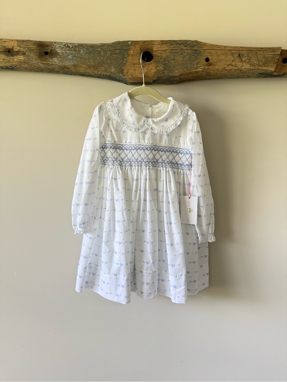 White and Light Blue Smocked Girls' Formal Dress